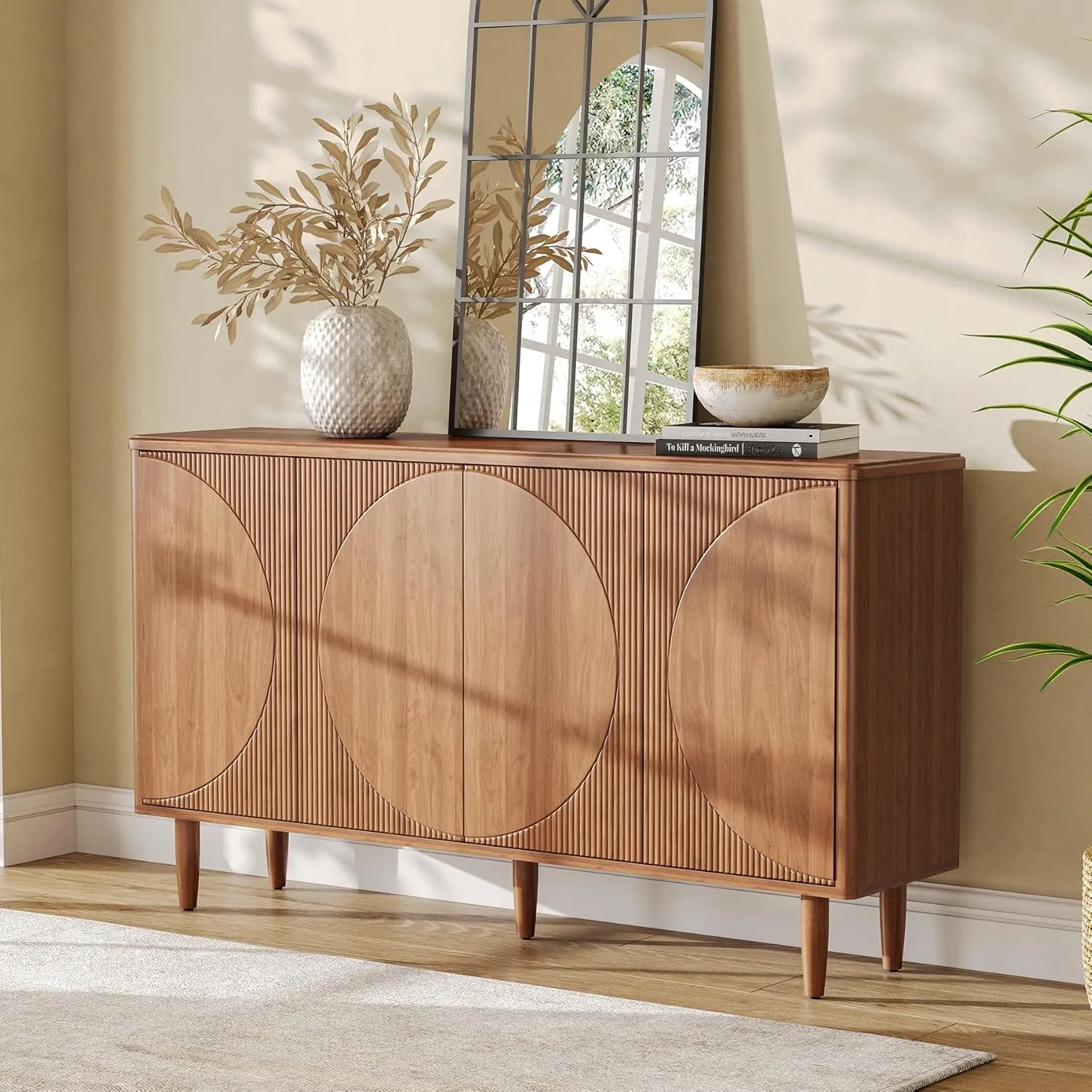 LITTLE TREE 59-Inch Buffet Cabinet Sideboard with Storage, Modern Sideboard Buffet Table with Doors for Living Room, Dining Room (Walnut)