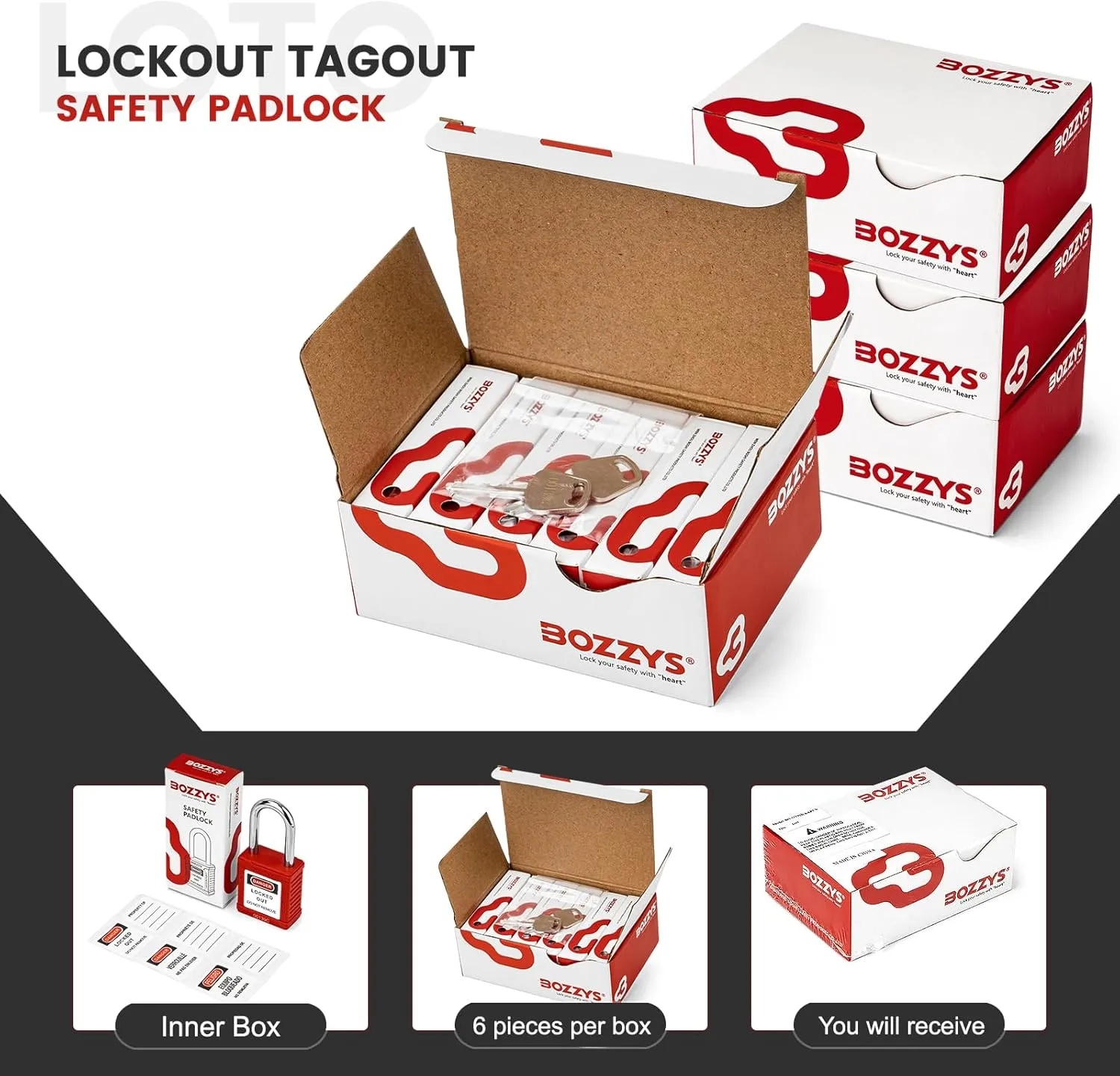 Lockout Tagout Padlocks - 6 Same Keys Safety Padlock, Keyed Alike, Black LOTO Locks for Industrial Kit (BD-GT05KA-6PCS 6 Keys)