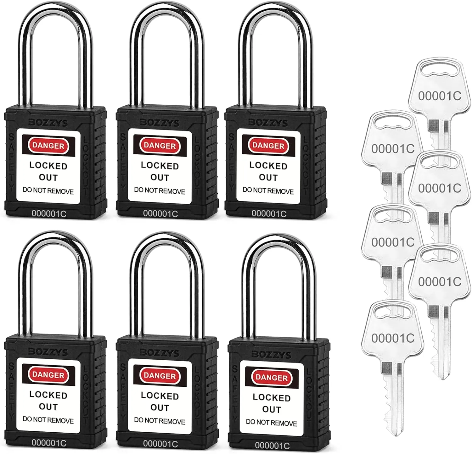 Lockout Tagout Padlocks - 6 Same Keys Safety Padlock, Keyed Alike, Black LOTO Locks for Industrial Kit (BD-GT05KA-6PCS 6 Keys)