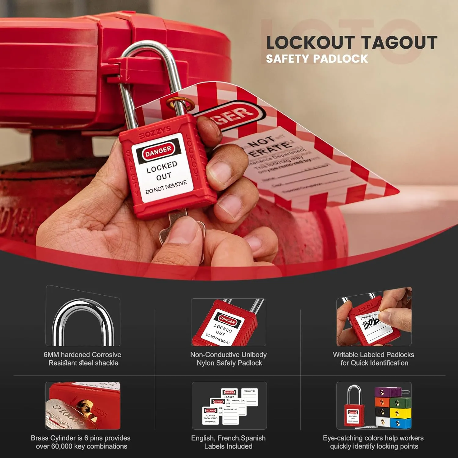 Lockout Tagout Padlocks - 6 Same Keys Safety Padlock, Keyed Alike, Black LOTO Locks for Industrial Kit (BD-GT05KA-6PCS 6 Keys)