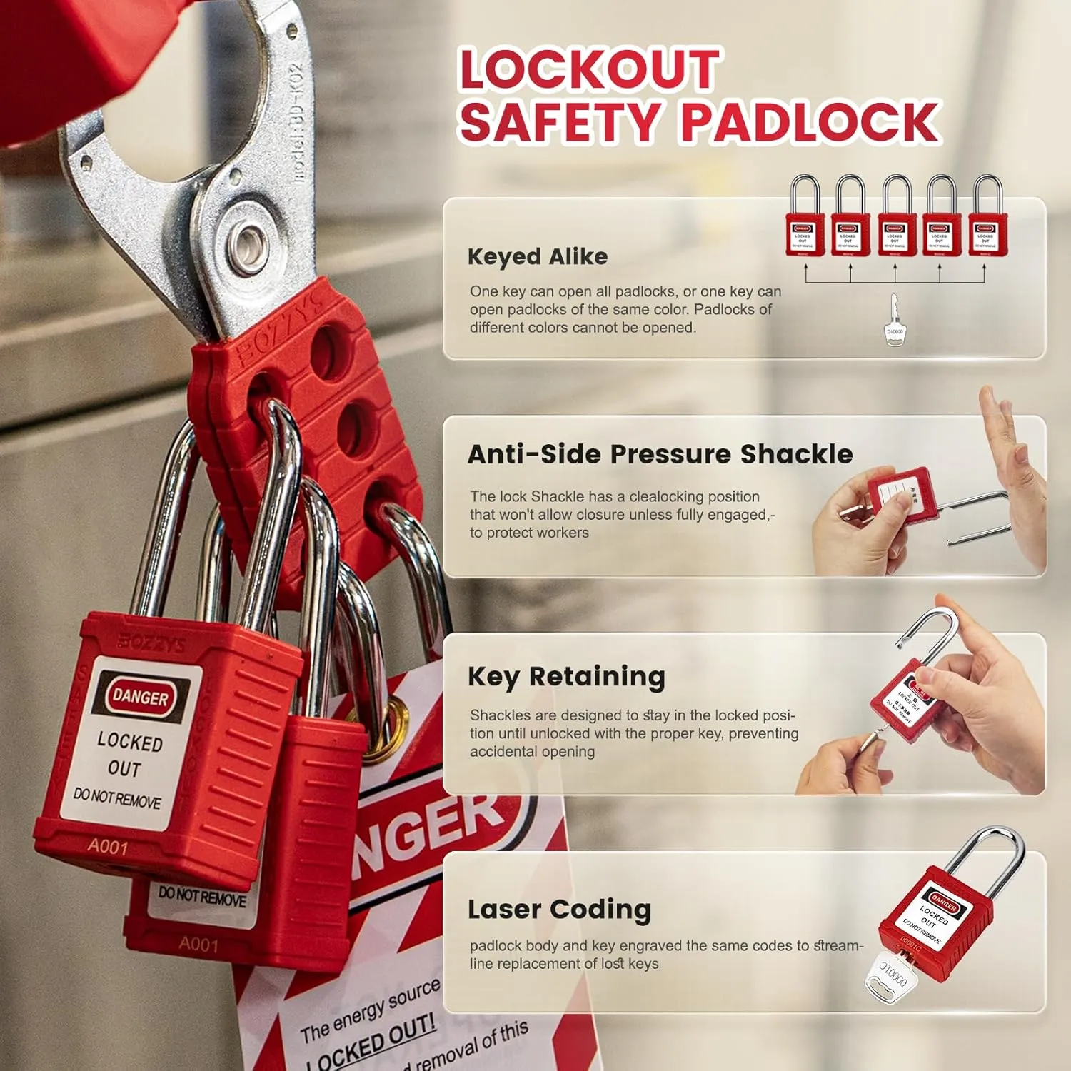 Lockout Tagout Padlocks - 6 Same Keys Safety Padlock, Keyed Alike, Black LOTO Locks for Industrial Kit (BD-GT05KA-6PCS 6 Keys)
