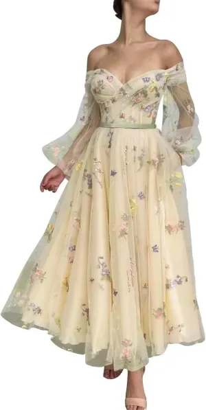 Long Puffy Sleeve Flower Embroidery Floral Tulle Prom Dresses for Women A Line Fairy Maxi Formal Evening Party Gowns