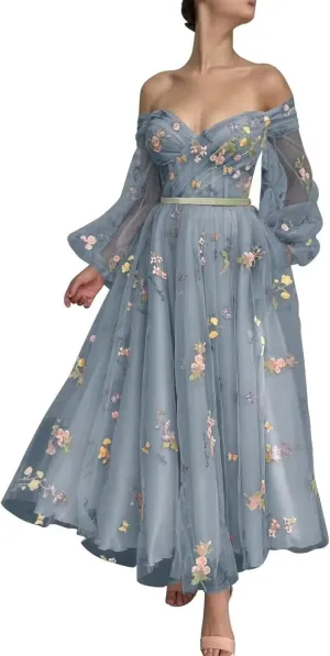 Long Puffy Sleeve Flower Embroidery Floral Tulle Prom Dresses for Women A Line Fairy Maxi Formal Evening Party Gowns