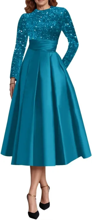 Long Sleeve Mother of The Bride Dresses for Women Sparkly Sequin A Line Prom Gowns Satin Tea Length Wedding Party Dress