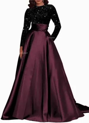 Long Sleeve Prom Dresses Sequin Satin Formal Gowns Round Neck Evening Dress A-Line Ball Gown with Pockets