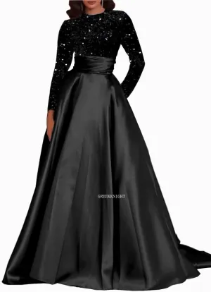 Long Sleeve Prom Dresses Sequin Satin Formal Gowns Round Neck Evening Dress A-Line Ball Gown with Pockets