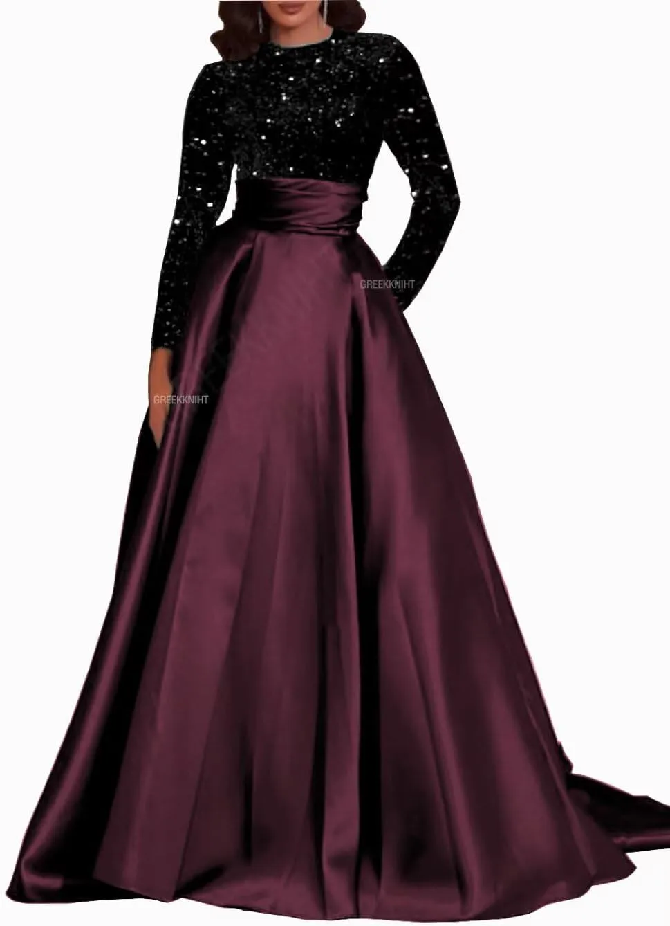 Long Sleeve Prom Dresses Sequin Satin Formal Gowns Round Neck Evening Dress A-Line Ball Gown with Pockets