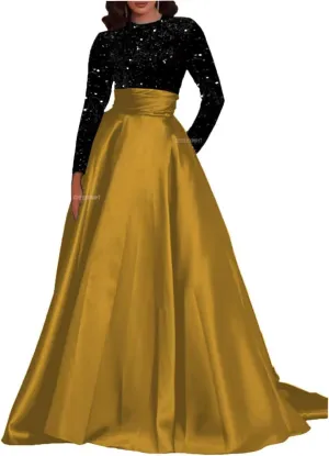 Long Sleeve Prom Dresses Sequin Satin Formal Gowns Round Neck Evening Dress A-Line Ball Gown with Pockets