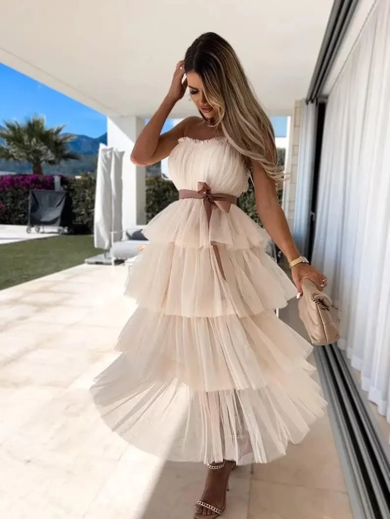Long Tulle Dress for Women Elegant Summer Dress Bow