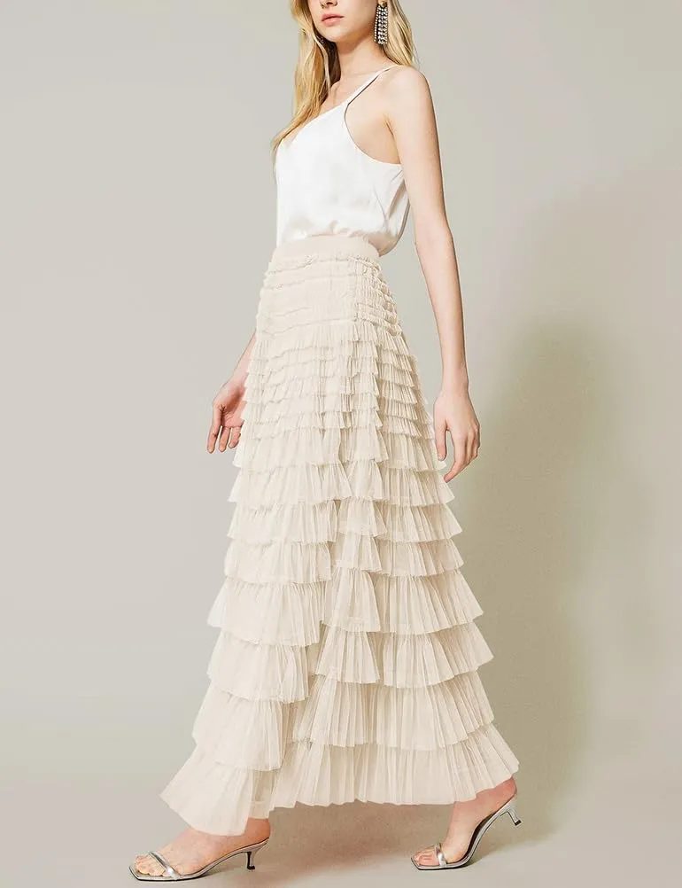 Long Tulle Skirt for Women Trendy High Waisted A Line Fluffy Fairy Mesh Layered Ruffle Skirt