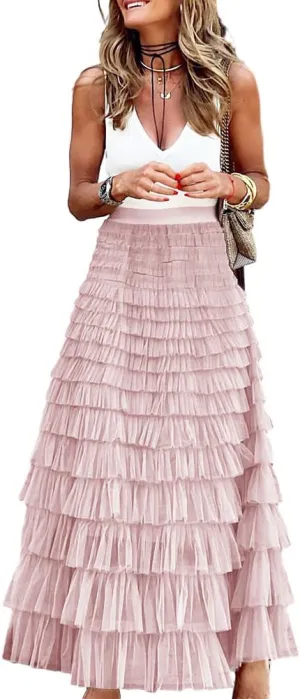 Long Tulle Skirt for Women Trendy High Waisted A Line Fluffy Fairy Mesh Layered Ruffle Skirt