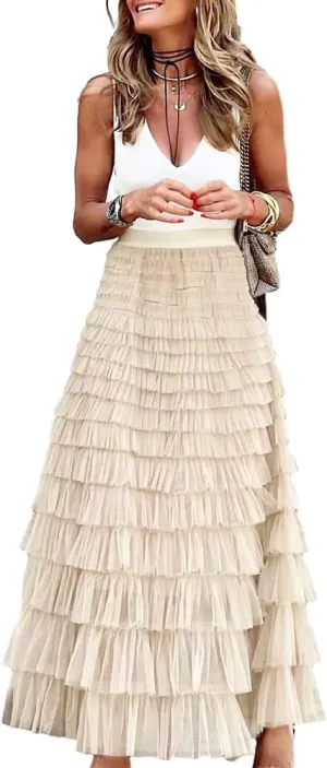 Long Tulle Skirt for Women Trendy High Waisted A Line Fluffy Fairy Mesh Layered Ruffle Skirt