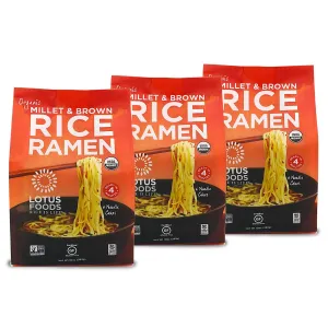 Lotus Foods Organic Millet & Brown Rice Ramen - Gluten Free Ramen Noodles, Whole Grain Ramen Noodles, Organic Vegan Ramen, Low Sodium Rice Noodles, Organic, Gluten-Free, Vegan - 10 Oz Bags (Pack of 3)