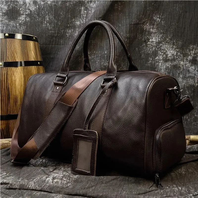 Luxury Genuine Leather Men Women Travel Bag Cow Leather Carry On Luggage Bag Travel Shoulder Bag Male Female Weekend Duffle Bag(Blue(55cm))