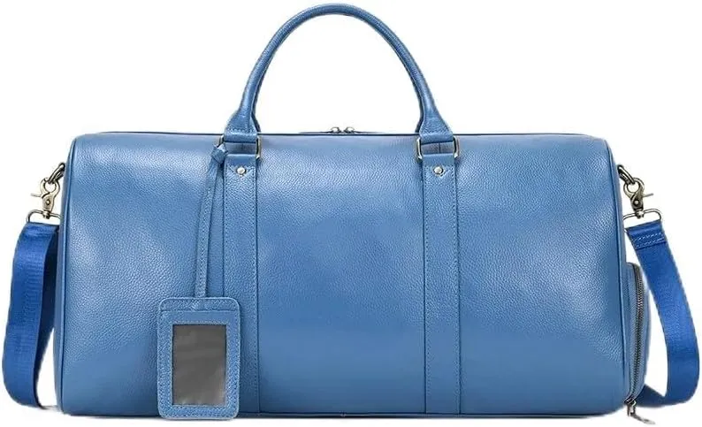 Luxury Genuine Leather Men Women Travel Bag Cow Leather Carry On Luggage Bag Travel Shoulder Bag Male Female Weekend Duffle Bag(Blue(55cm))