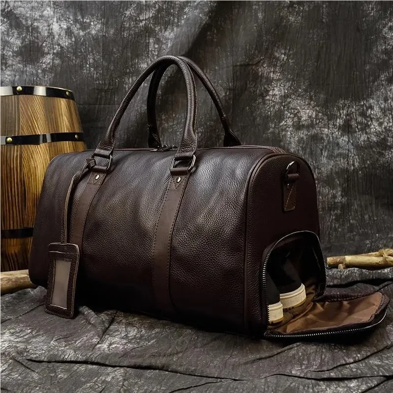 Luxury Genuine Leather Men Women Travel Bag Cow Leather Carry On Luggage Bag Travel Shoulder Bag Male Female Weekend Duffle Bag(Blue(55cm))