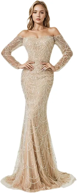Luxury Mermaid Trumpet Prom Dress Off-The-Shoulder Court Train Long Sleeves Beading Sexy Sequin Evening Dress 2025