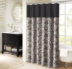 Madison Park - MP70-845 Aubrey Shower Curtain Paisley Jacquard Pieced Microfiber Faux Silk Modern Home Bathroom Decorations Bathtub Privacy Screen, 72" x 72", Black