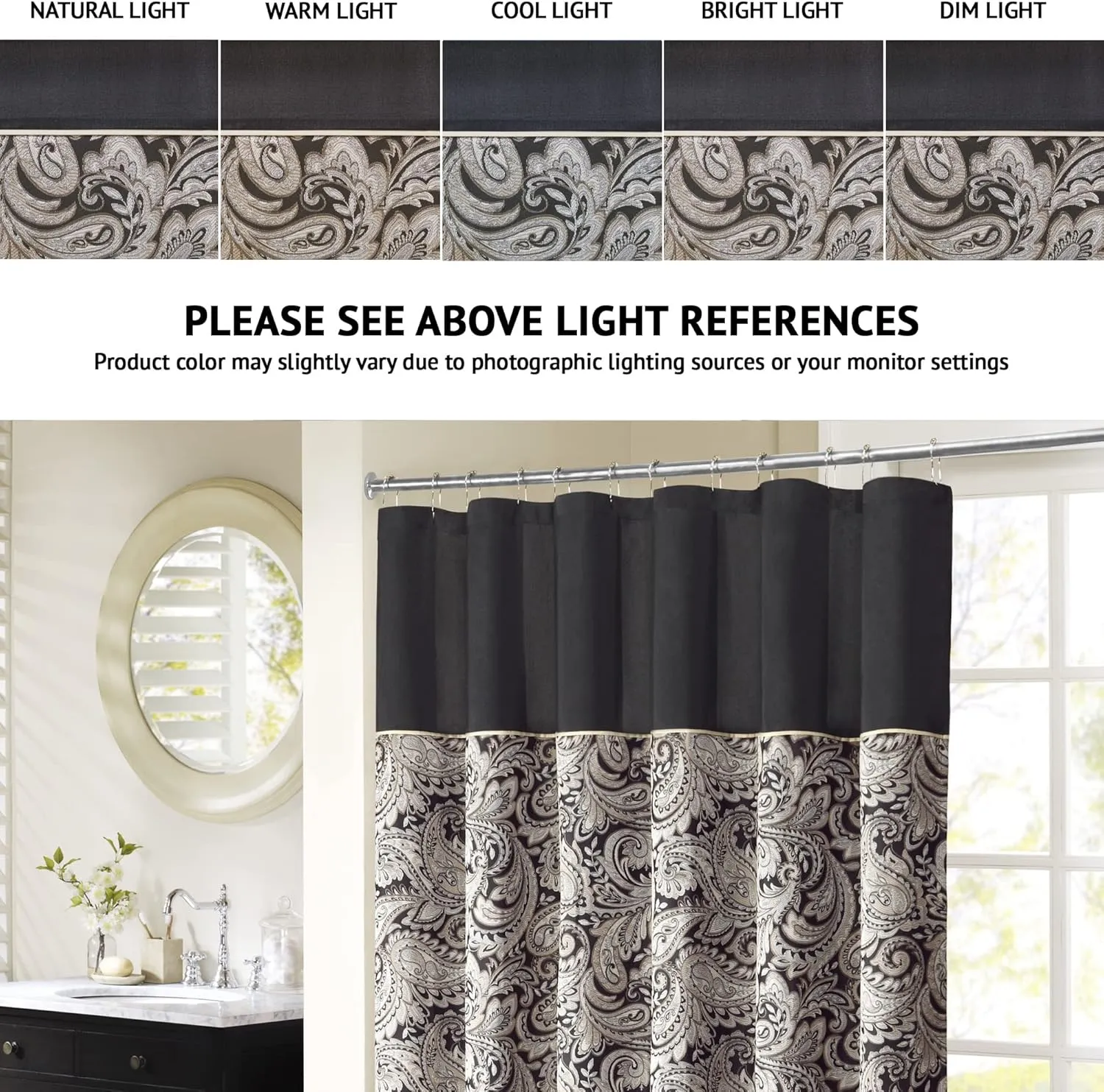Madison Park - MP70-845 Aubrey Shower Curtain Paisley Jacquard Pieced Microfiber Faux Silk Modern Home Bathroom Decorations Bathtub Privacy Screen, 72" x 72", Black