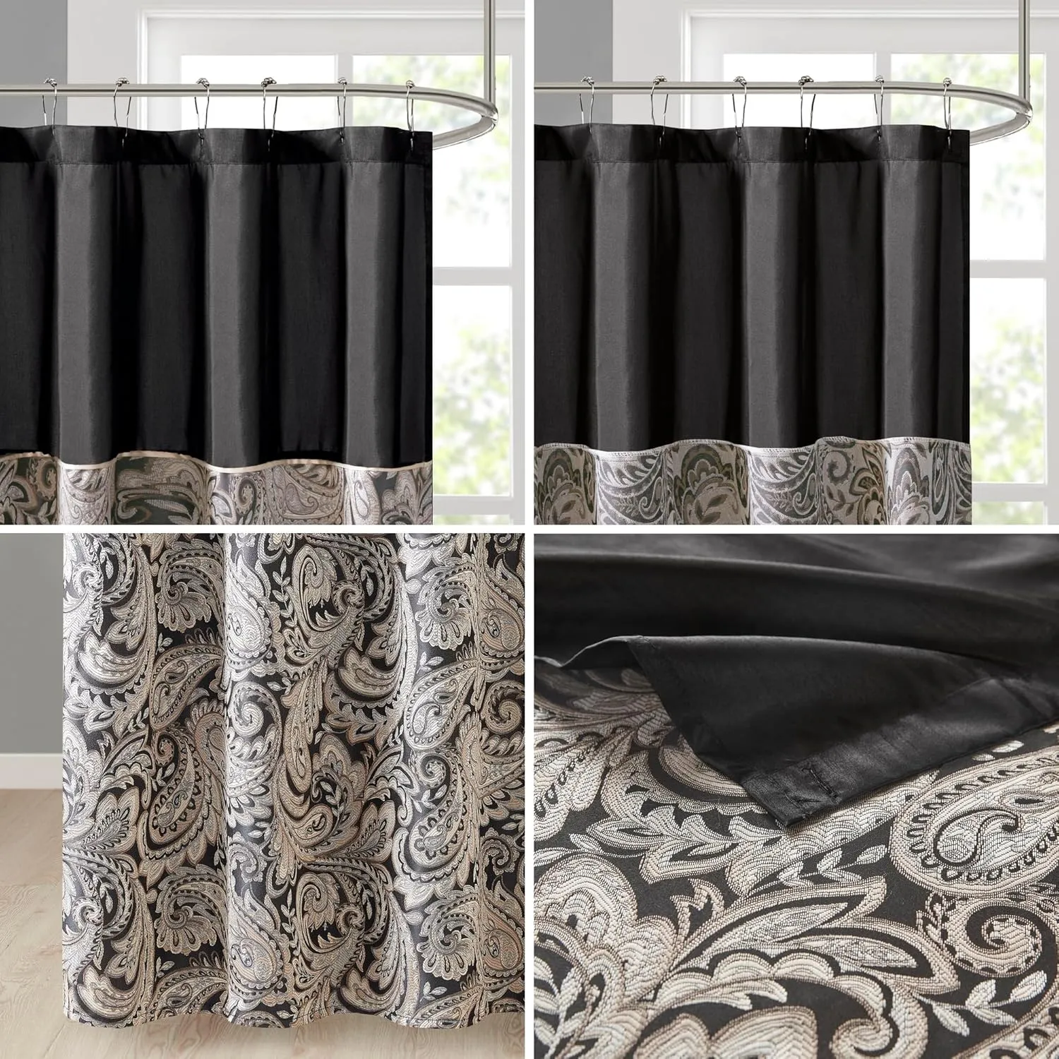 Madison Park - MP70-845 Aubrey Shower Curtain Paisley Jacquard Pieced Microfiber Faux Silk Modern Home Bathroom Decorations Bathtub Privacy Screen, 72" x 72", Black