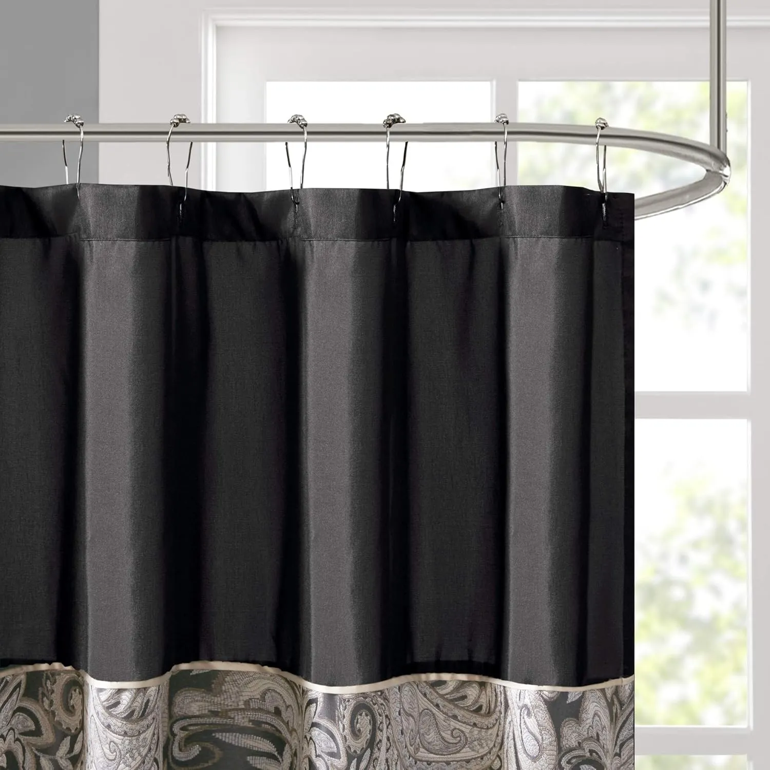 Madison Park - MP70-845 Aubrey Shower Curtain Paisley Jacquard Pieced Microfiber Faux Silk Modern Home Bathroom Decorations Bathtub Privacy Screen, 72" x 72", Black