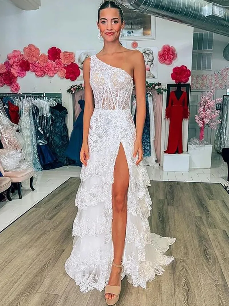 Mauuwy Lace Tulle Tiered Prom Dresses 2024 Long Slit One Shoulder Sparkly Corset Formal Evening Party Gowns