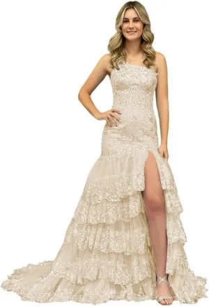 Mauuwy Lace Tulle Tiered Prom Dresses 2024 Long Slit One Shoulder Sparkly Corset Formal Evening Party Gowns