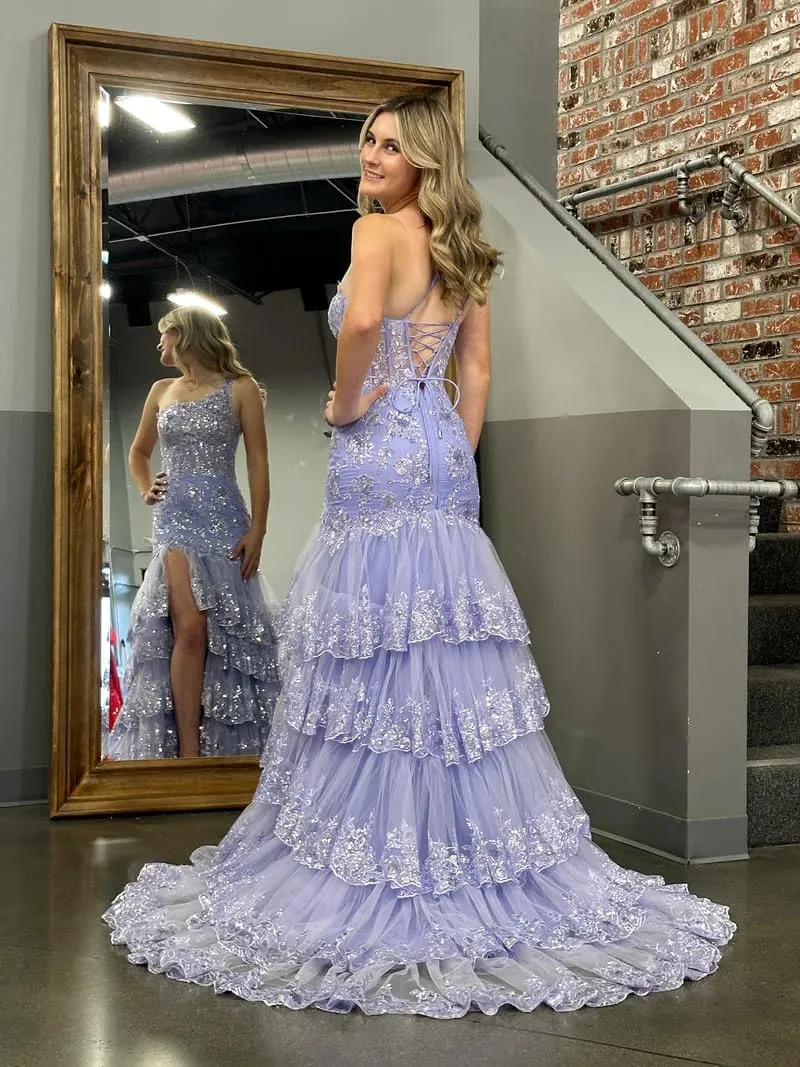 Mauuwy Lace Tulle Tiered Prom Dresses 2024 Long Slit One Shoulder Sparkly Corset Formal Evening Party Gowns