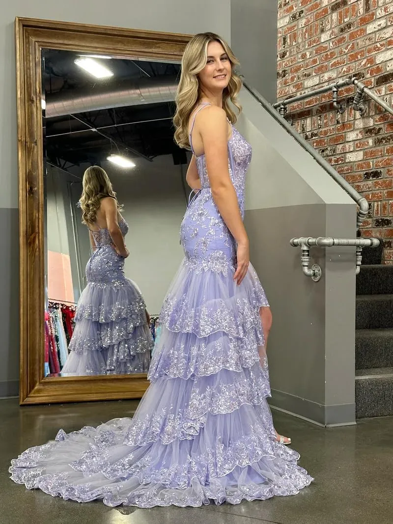 Mauuwy Lace Tulle Tiered Prom Dresses 2024 Long Slit One Shoulder Sparkly Corset Formal Evening Party Gowns