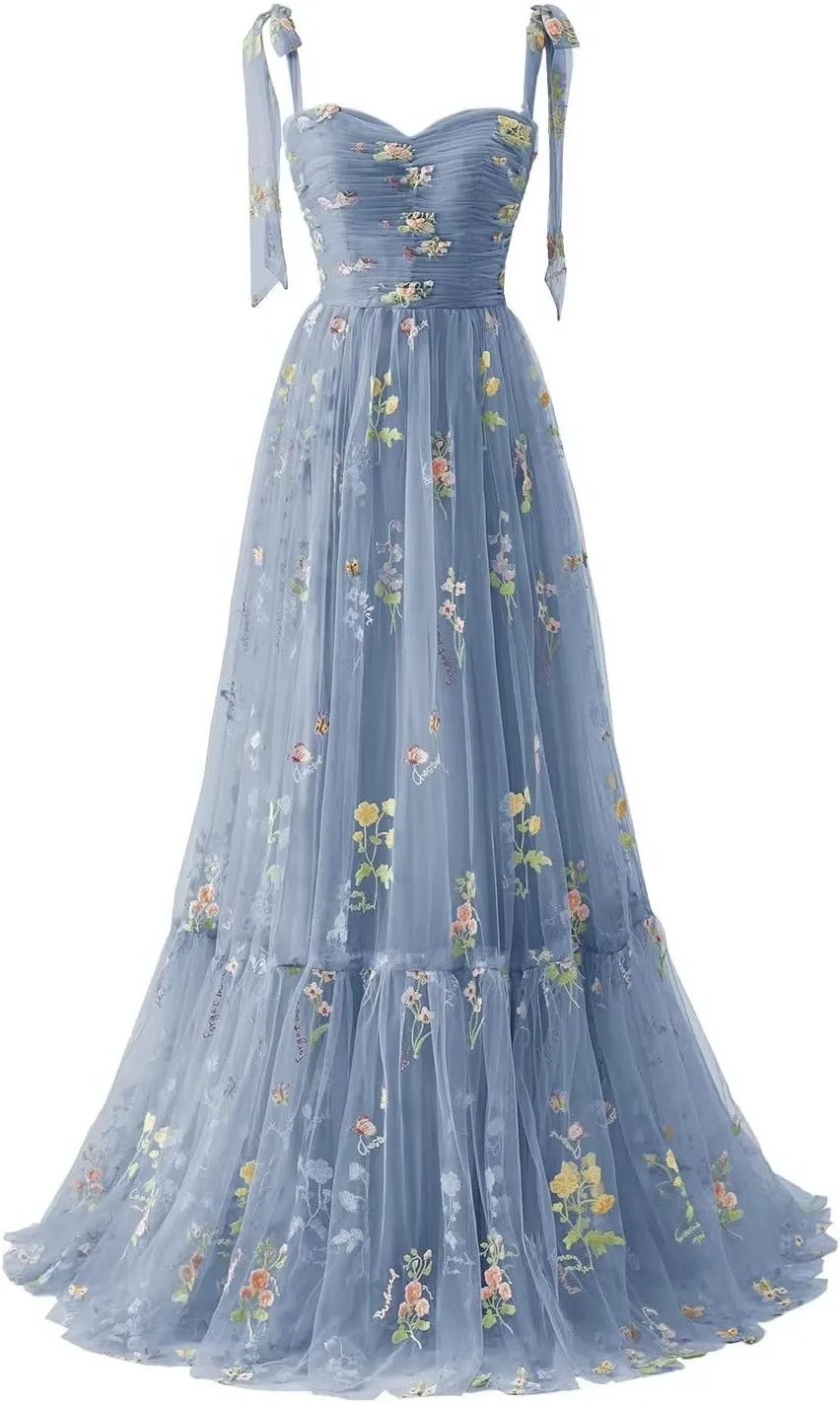 Maxianever Women's Tulle Prom Dresses Flower Embroidery Long Sweetheart Formal Evening Party Gowns