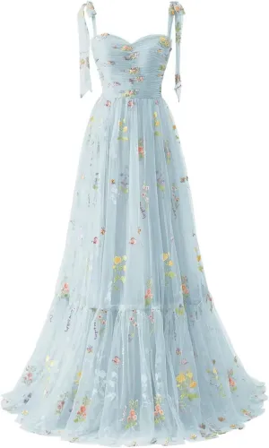 Maxianever Women's Tulle Prom Dresses Flower Embroidery Long Sweetheart Formal Evening Party Gowns