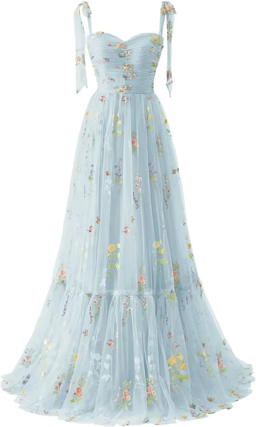 Maxianever Women's Tulle Prom Dresses Flower Embroidery Long Sweetheart Formal Evening Party Gowns