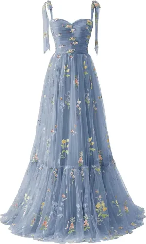 Maxianever Women's Tulle Prom Dresses Flower Embroidery Long Sweetheart Formal Evening Party Gowns