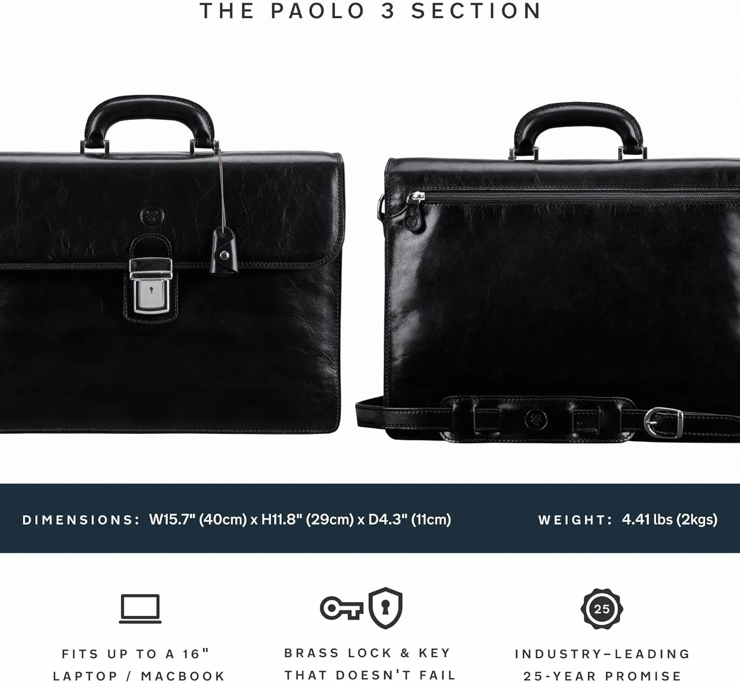 Maxwell Scott - Mens Luxury Full Grain Leather Classic Work Briefcase with Shoulder Strap - 3 Section - The Paolo3