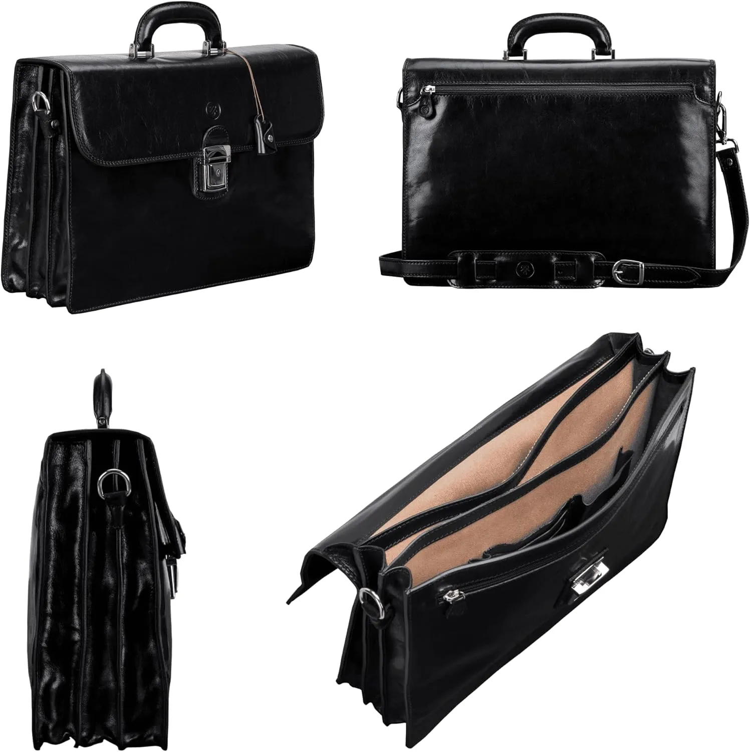 Maxwell Scott - Mens Luxury Full Grain Leather Classic Work Briefcase with Shoulder Strap - 3 Section - The Paolo3