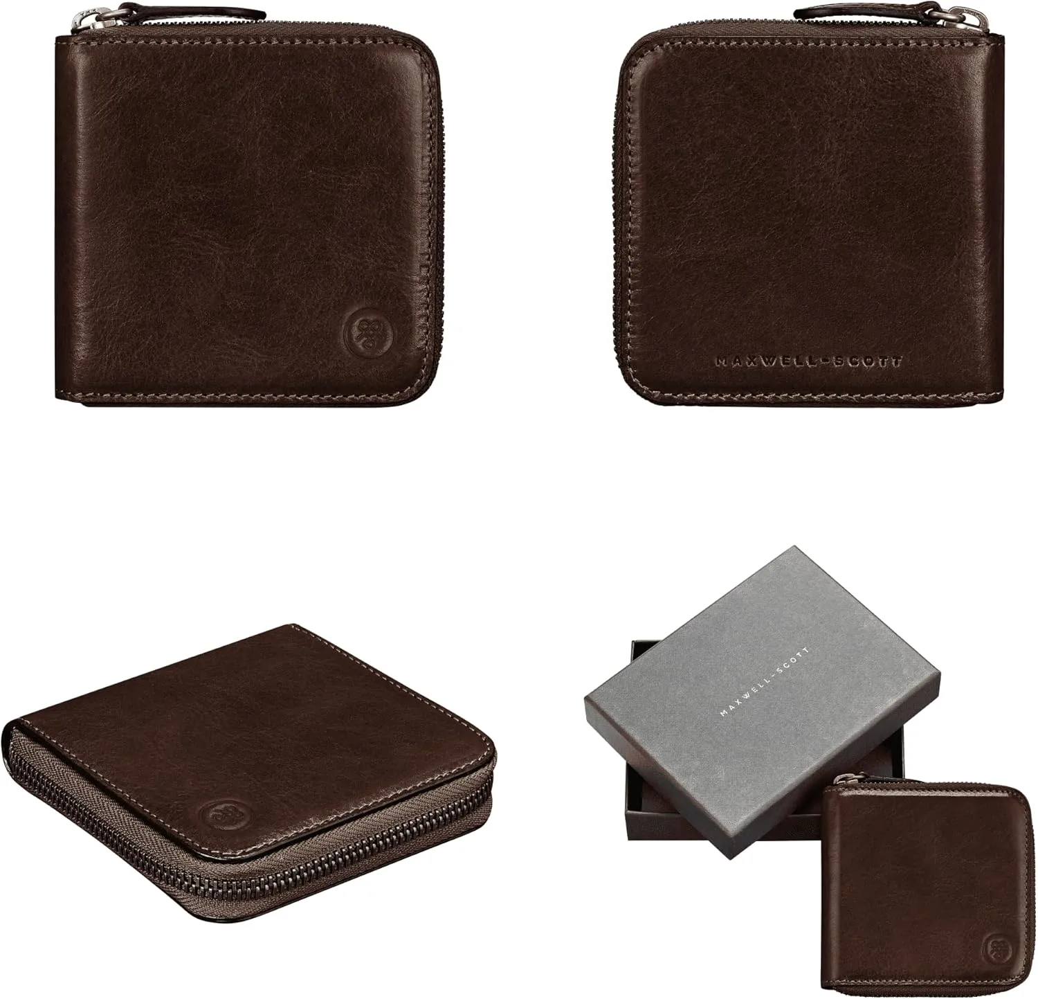 Maxwell Scott - Mens Luxury Leather Zip Around Wallet Three-Sided with Coin Pouch Pocket - The Tabiano Dark Brown