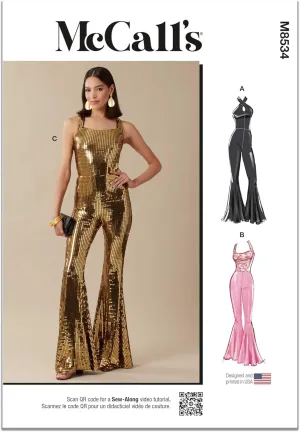 McCall's M8534U5 Misses' Flare Leg Knit Jumpsuits Sewing Pattern Packet, Design Code M8534, Sizes 16-18-20-22-24