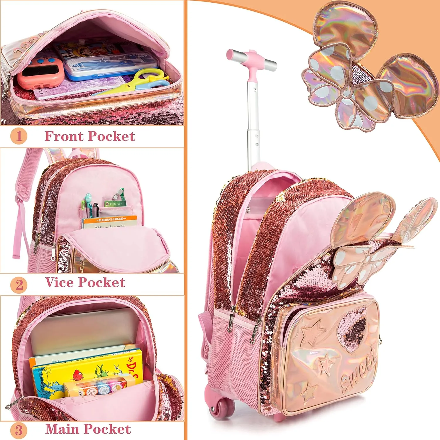 Meetbelify Rolling Backpack for Girls School Backpack with Lunch Box for Elementary Student Wheels Roller Trolley Luggage