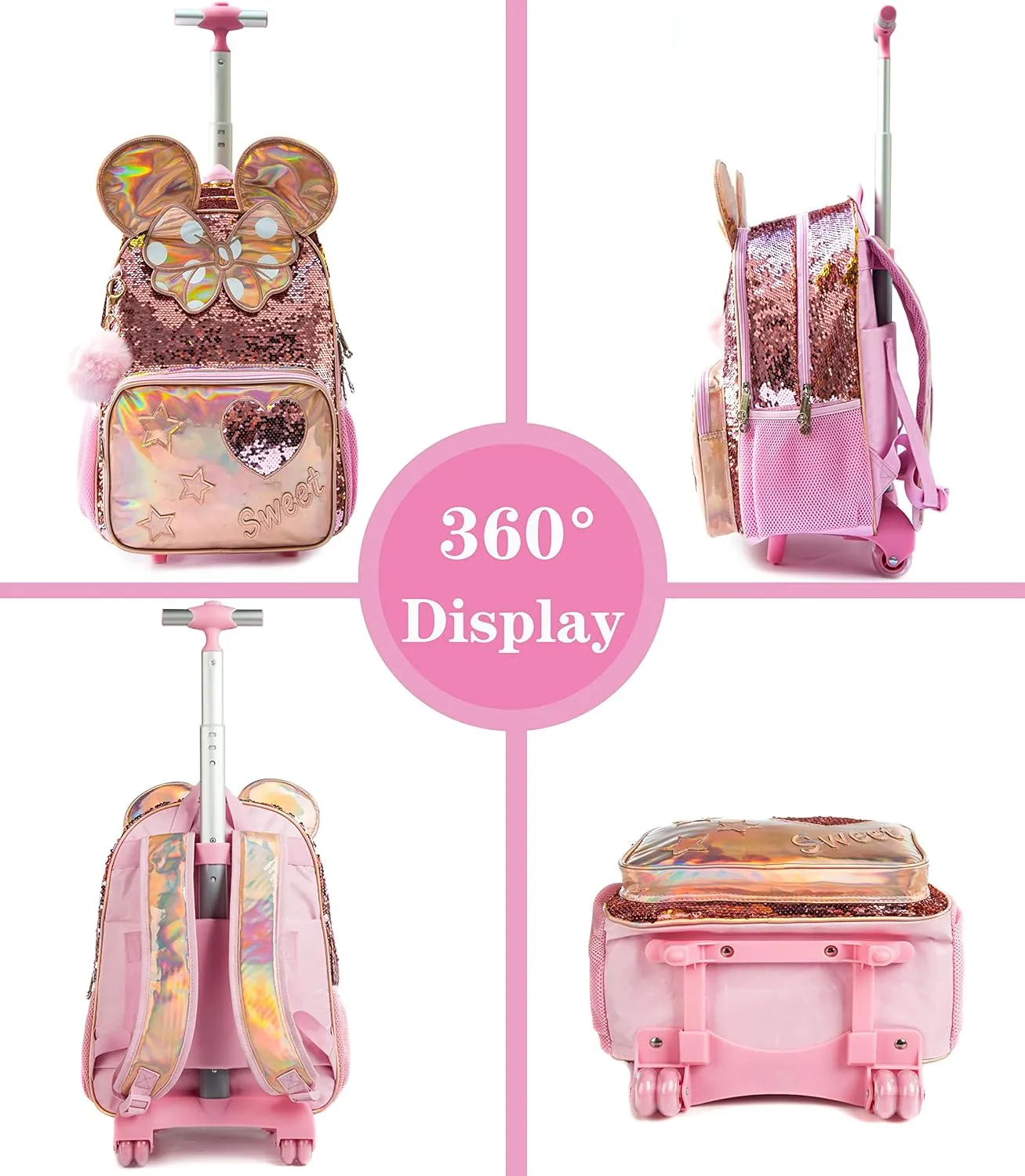Meetbelify Rolling Backpack for Girls School Backpack with Lunch Box for Elementary Student Wheels Roller Trolley Luggage
