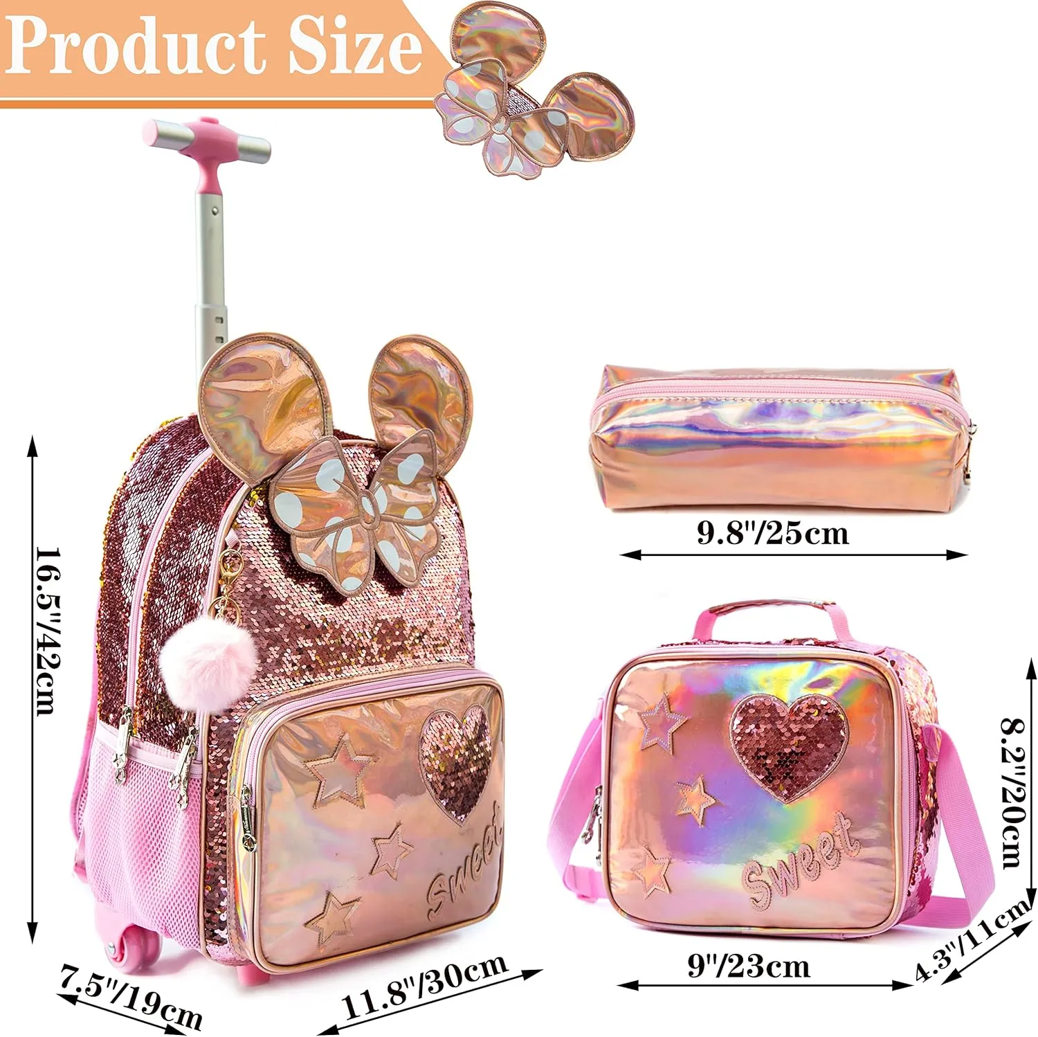 Meetbelify Rolling Backpack for Girls School Backpack with Lunch Box for Elementary Student Wheels Roller Trolley Luggage