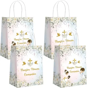 MEHOFOND 24 Pcs Nuestra Primera Comunión Gift Bags with Handles for Siblings Floral First Holy Communion Baptism Party Favors God Bless Christening Goodie Treat Candy Paper Bags Party Decorations Supplies