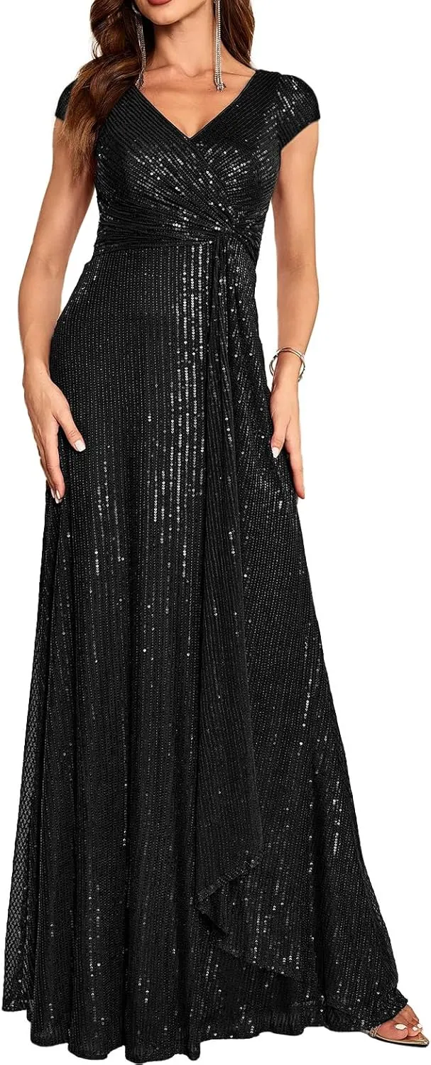 meilun Short Sleeve Sequin Dress for Women Formal Evening Gowns Sparkly V Neck 1920s Long Dress