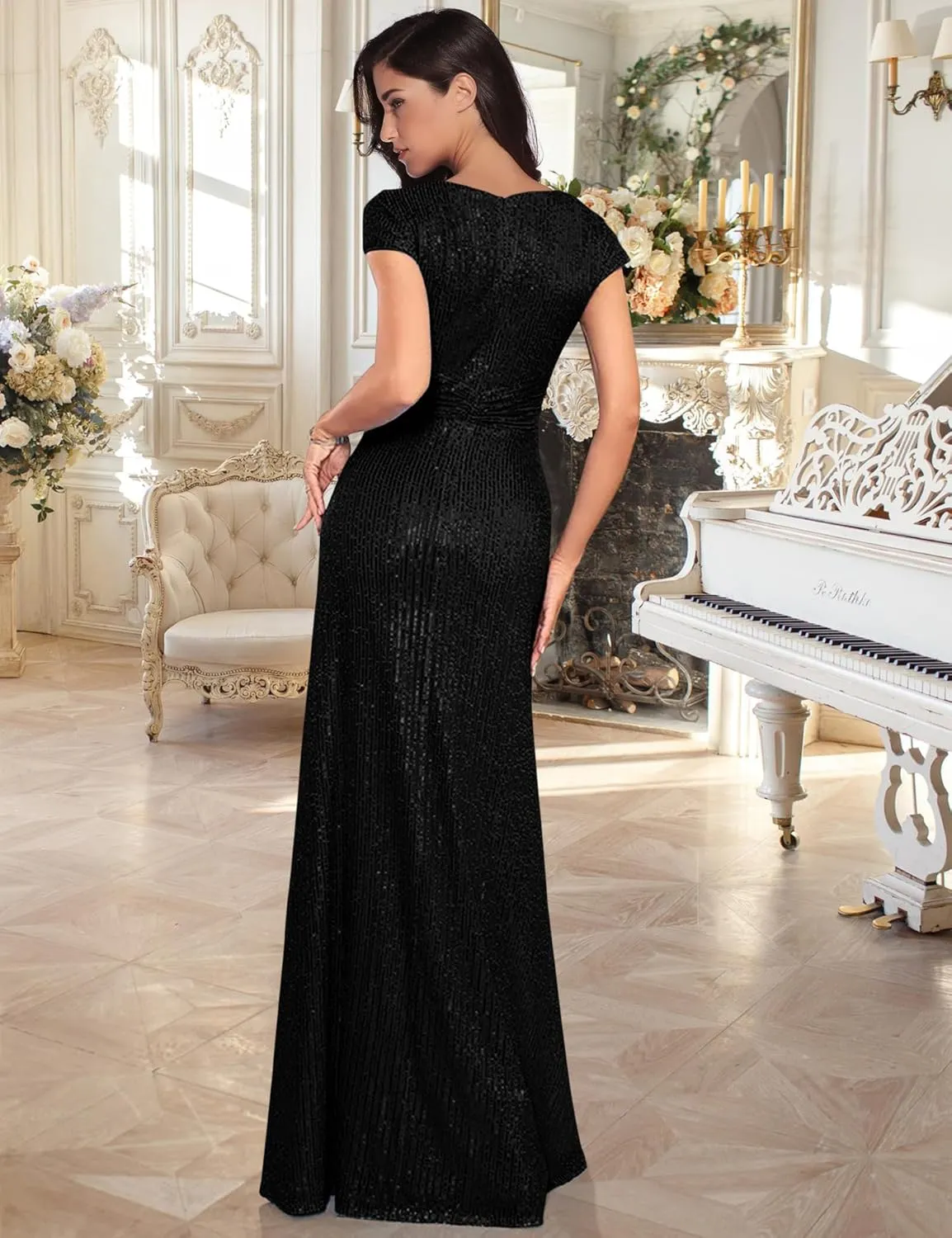 meilun Short Sleeve Sequin Dress for Women Formal Evening Gowns Sparkly V Neck 1920s Long Dress