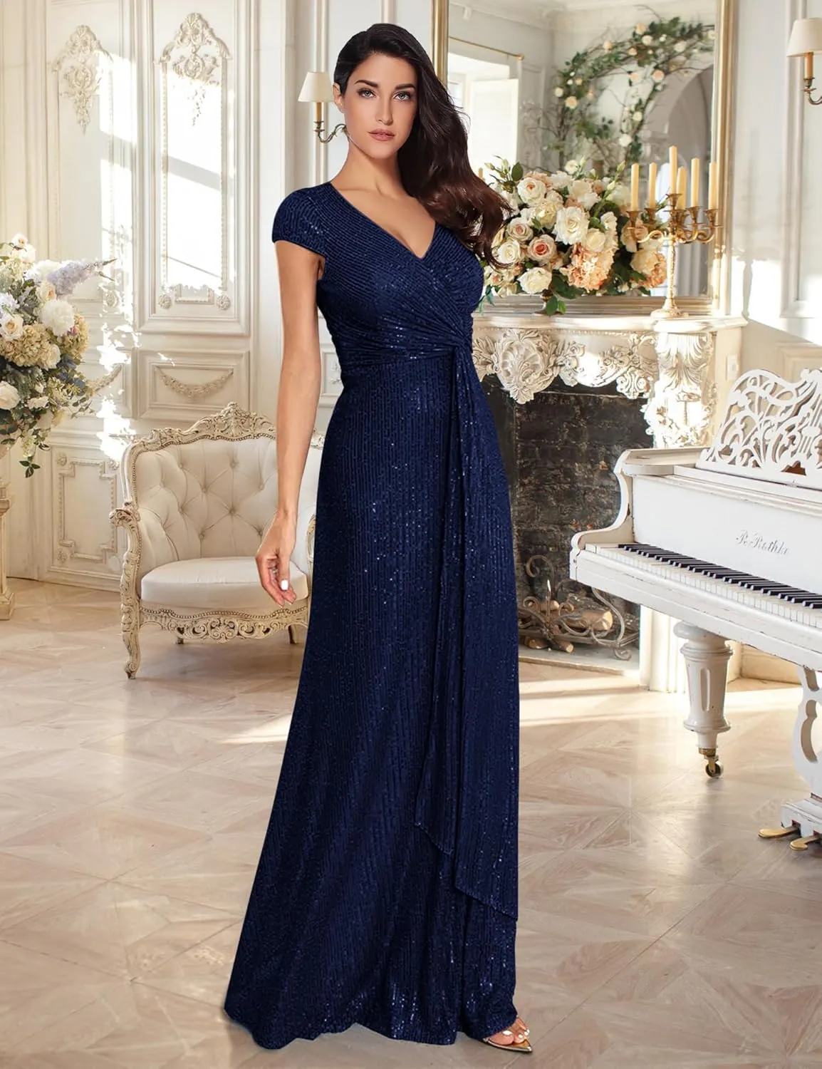 meilun Short Sleeve Sequin Dress for Women Formal Evening Gowns Sparkly V Neck 1920s Long Dress