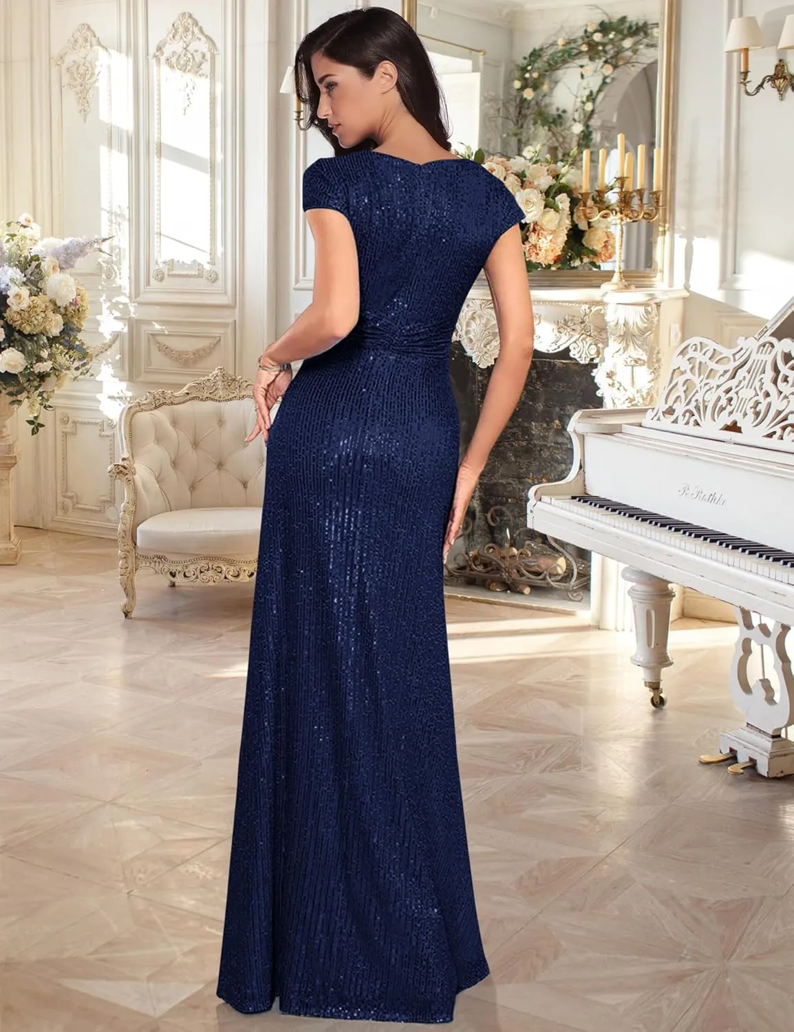 meilun Short Sleeve Sequin Dress for Women Formal Evening Gowns Sparkly V Neck 1920s Long Dress