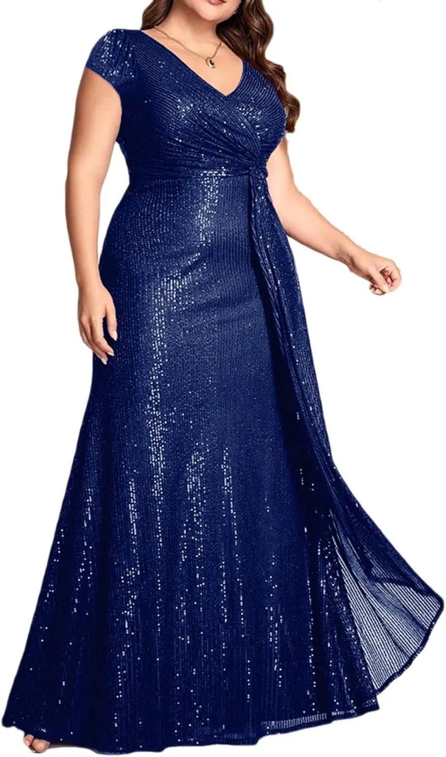 meilun Short Sleeve Sequin Dress for Women Formal Evening Gowns Sparkly V Neck 1920s Long Dress