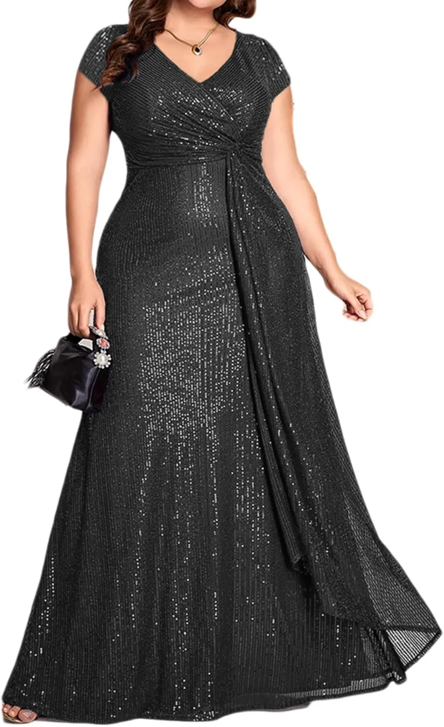meilun Short Sleeve Sequin Dress for Women Formal Evening Gowns Sparkly V Neck 1920s Long Dress