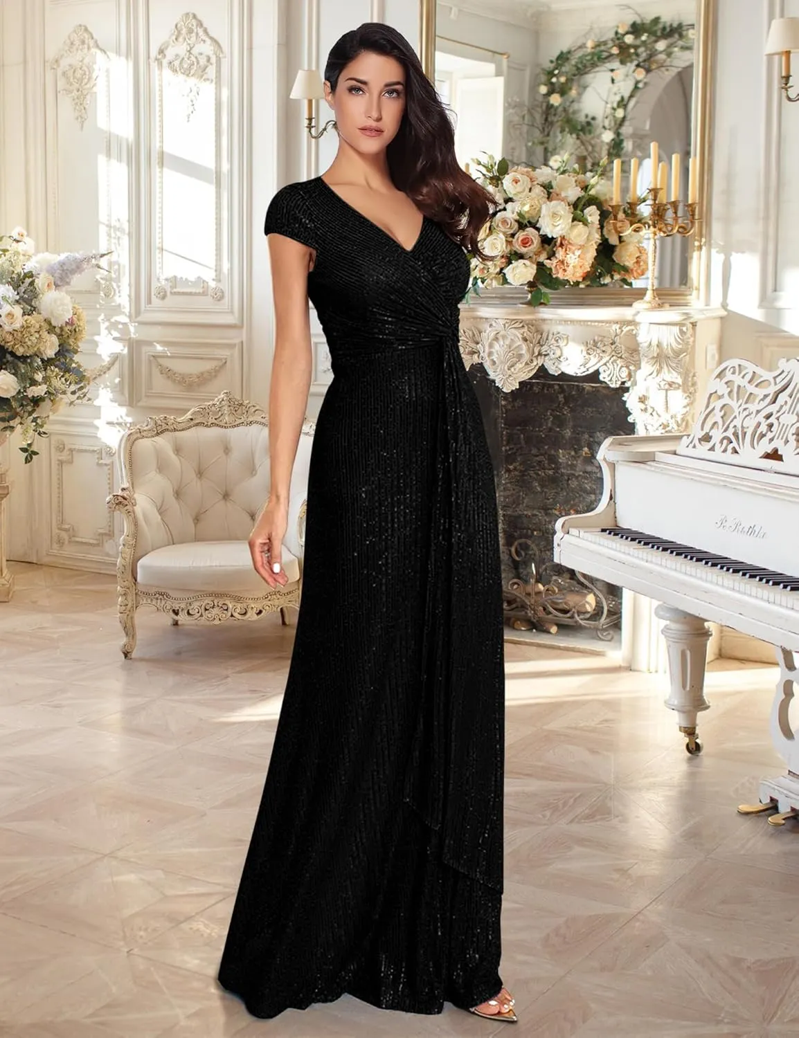 meilun Short Sleeve Sequin Dress for Women Formal Evening Gowns Sparkly V Neck 1920s Long Dress