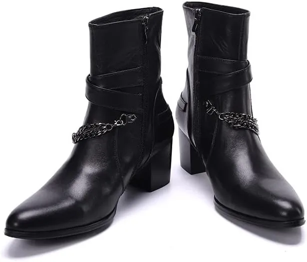 Men Ankle Boots Buckle Strap Decoration Genuine Leather Solid Black High Heel for Office Pure The First Layer of Cowhide