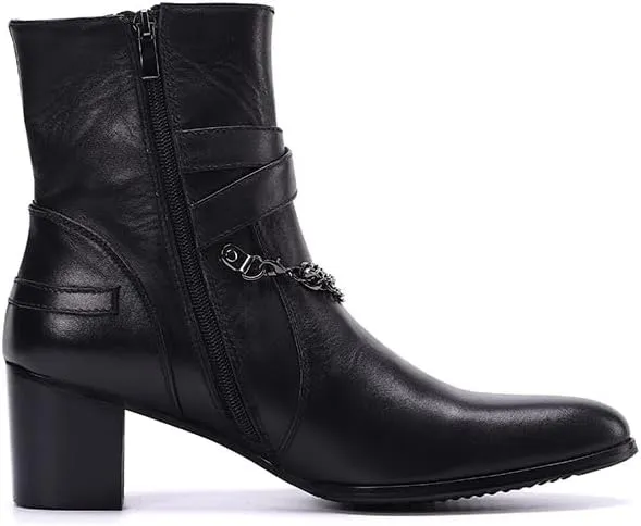 Men Ankle Boots Buckle Strap Decoration Genuine Leather Solid Black High Heel for Office Pure The First Layer of Cowhide